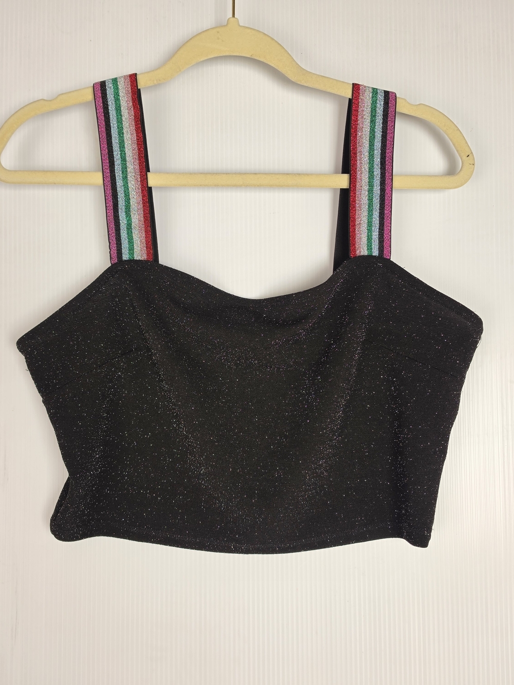 iris Black Sparkle Crop Top with Multicolor Striped Straps